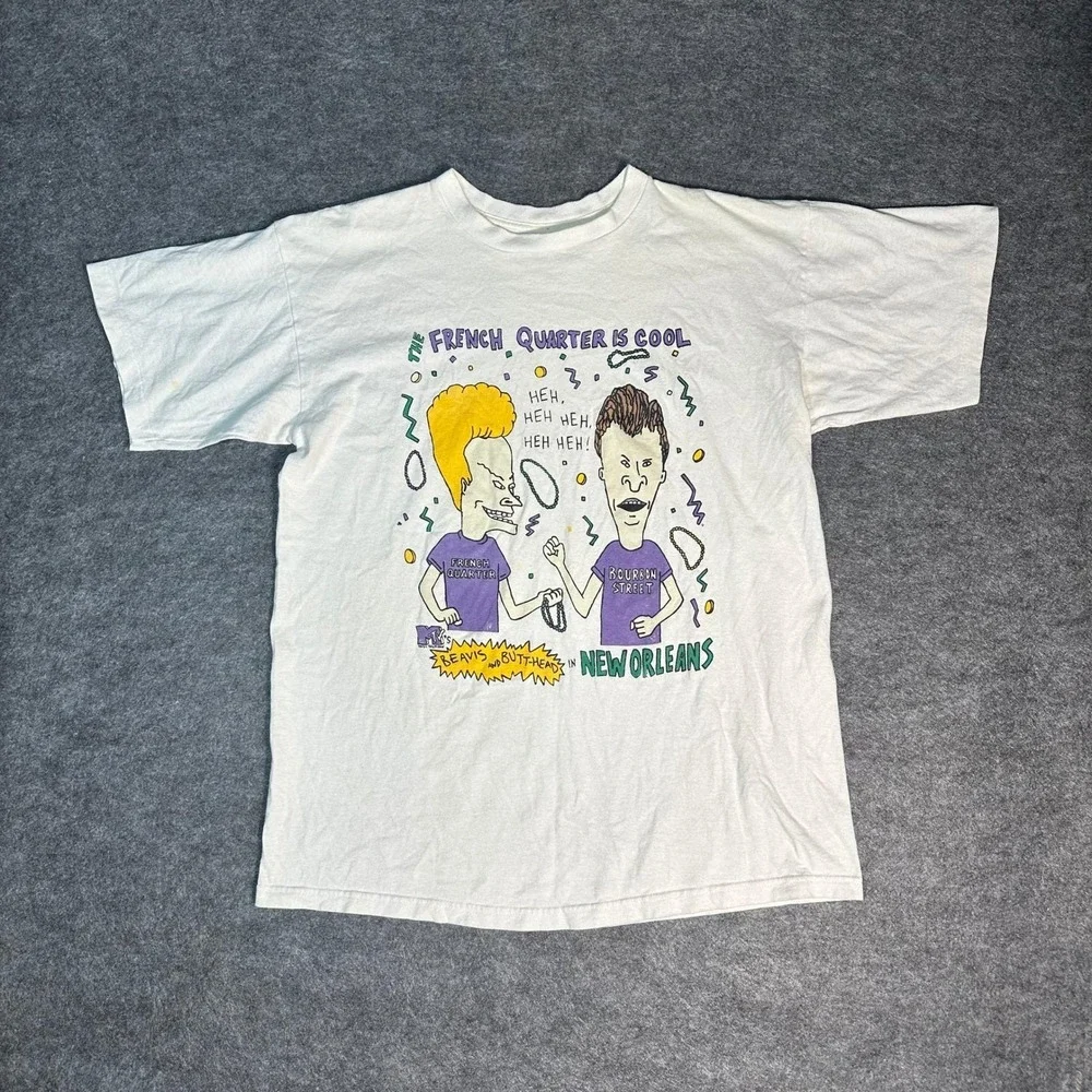 Rare Vintage‎ 90s Beavis and ButtHead French Quarter Bourbon T Shirt Large